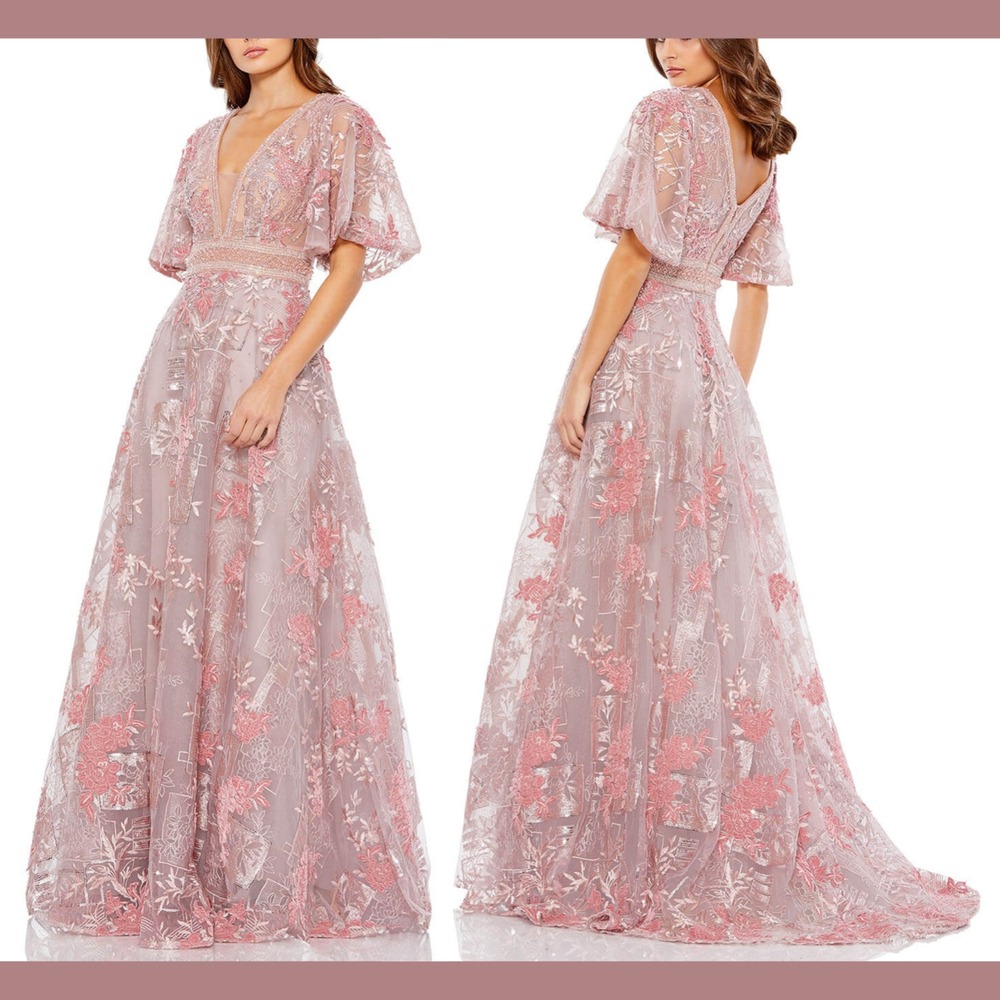 NWT$798 Mac Duggal [ 6 ] 20262 Embroidered Flounce Sleeve A Line Gown Pink J1392